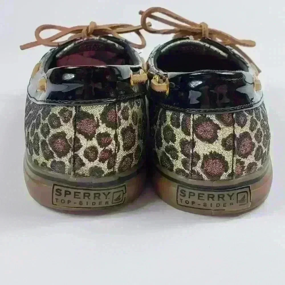 Sperry Top Sider Boat Shoes Sparkly Leopard Brown Black Raw Hide Lace Size 7.5M - Picture 12 of 16